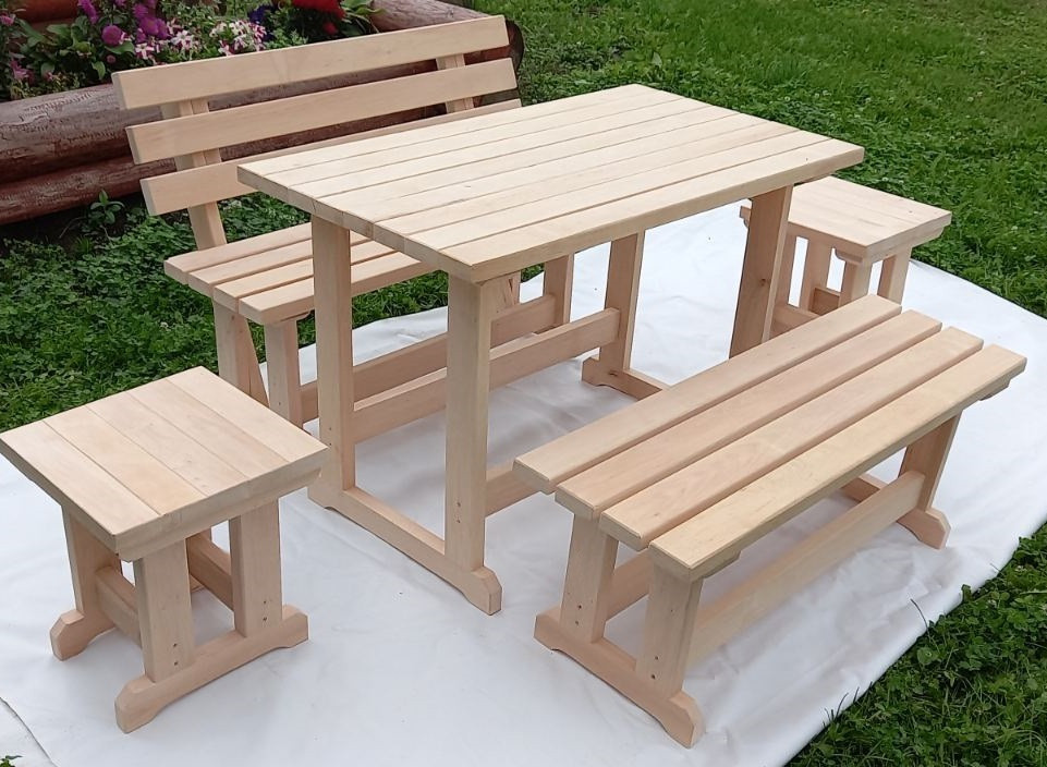 Набор деревянной мебели Банный Шик (стол, 2 скамейки, 2 табурета) - фото 1 - id-p163086736