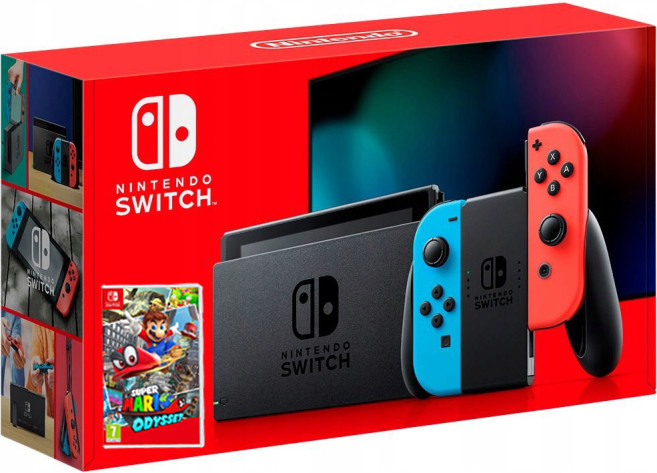 Nintendo Switch 2019 Neon Blue/Red с игрой Super Mario Odyssey - фото 1 - id-p156805263