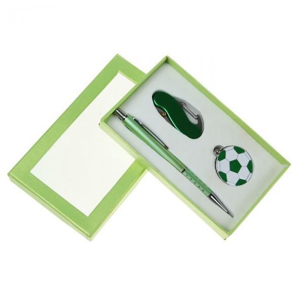 Набор подарочный 3в1 в карт.коробке (ручка+-брелок-мяч+нож с карабином) зеленый 8*16,5см - фото 1 - id-p163312771