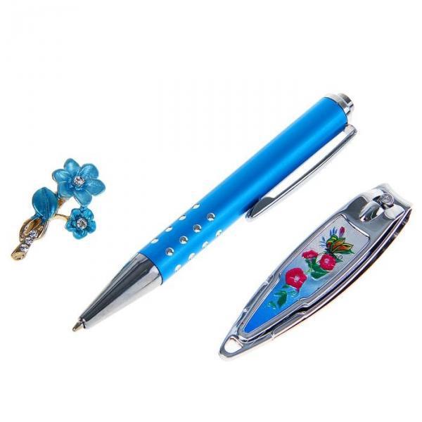 Набор подарочный 3в1: ручка, брошь, кусачки, цвет голубой - фото 2 - id-p163312772