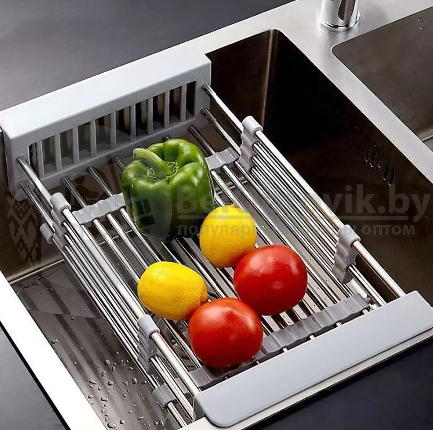 Органайзер для кухни универсальный (дуршлаг сушилка) Extendable Dish Drying, металл, пластик Светло-серый - фото 3 - id-p151368280