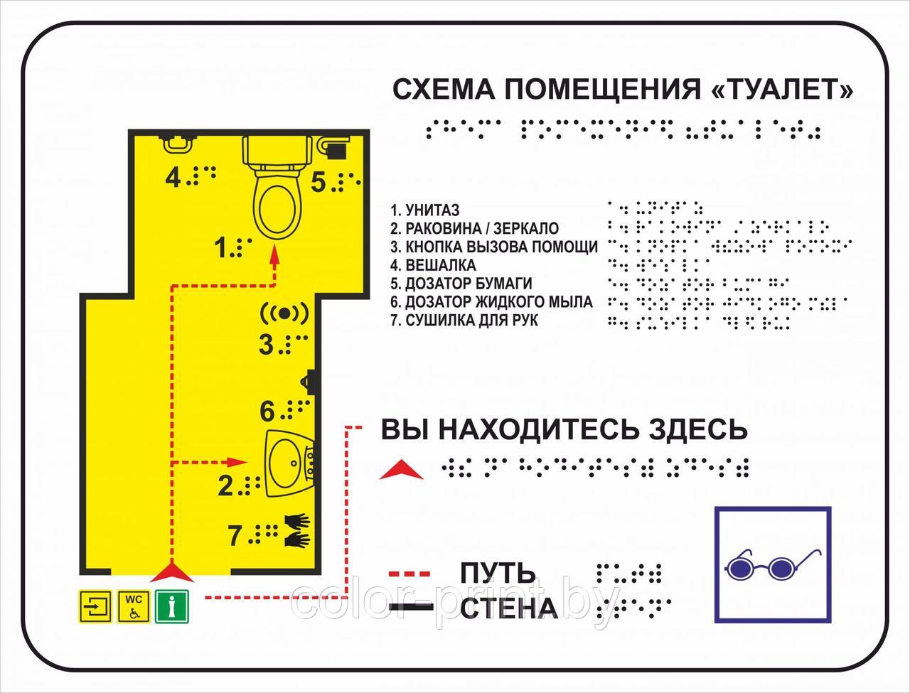 Тактильная мнемосхема санузла с шрифтом Брайля 600*400