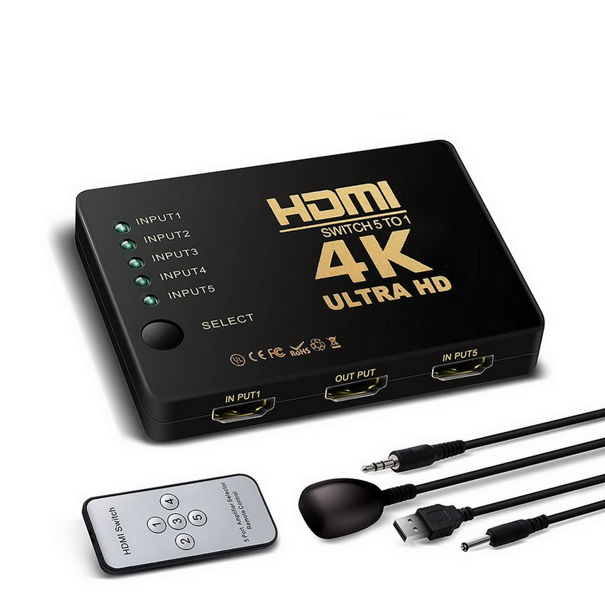 Адаптер - переключатель - свитч 5×1 HDMI, UltraHD 4K 3D, пульт, внешний ИК-датчик, активный, черный 555557