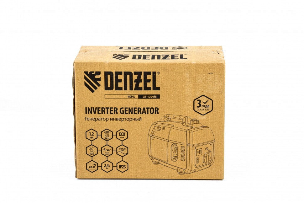 Генератор инверторный GT-1200iS, 1.2 кВт, 230 В, бак 2.4 л, закрытый корпус, ручной старт Denzel 94701 - фото 7 - id-p163687947