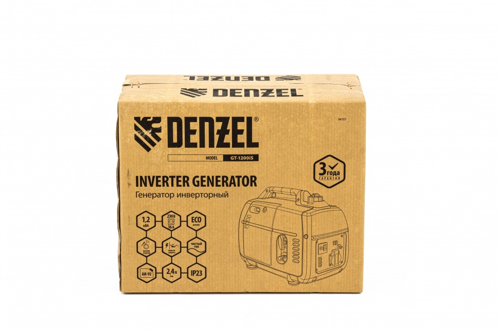 Генератор инверторный GT-1200iS, 1.2 кВт, 230 В, бак 2.4 л, закрытый корпус, ручной старт Denzel 94701 - фото 8 - id-p163687947