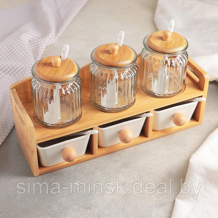 Набор банок керамических для сыпучих продуктов с ложками на деревянной подставке «Эстет», 6 предметов: 3 банки