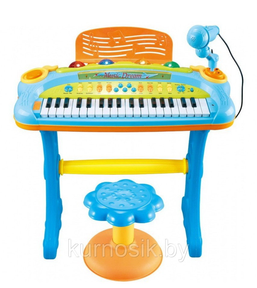 Синтезатор (пианино) детский со стульчиком, микрофоном и USB-кабелем 6617A голубой - фото 2 - id-p163861029