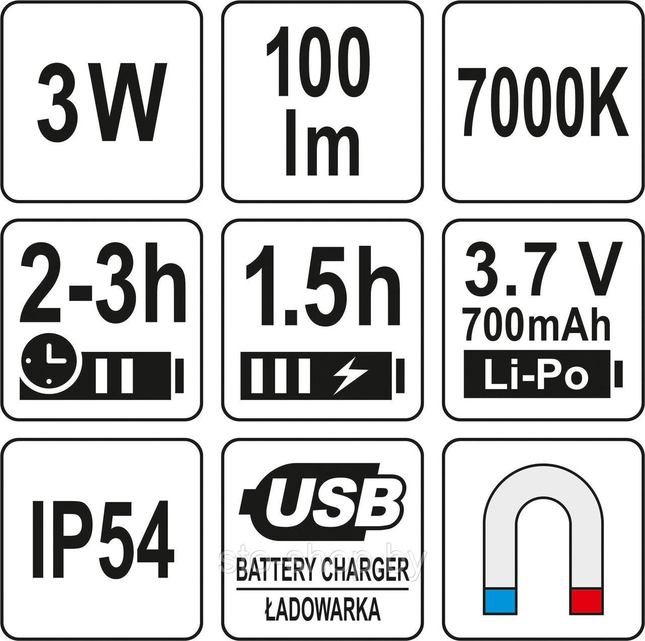 Фонарь светодиодный аккумуляторный с гибким кронштейном, COB LED 3W, 100lm, 6500K, 3.7V, 700mAh Yato YT-08516 - фото 8 - id-p163900372