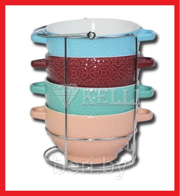 KL-390 Набор керамическиx пиал, салатников, супниц с ручками, 650 мл, на подставке, Kelli - фото 1 - id-p163902812