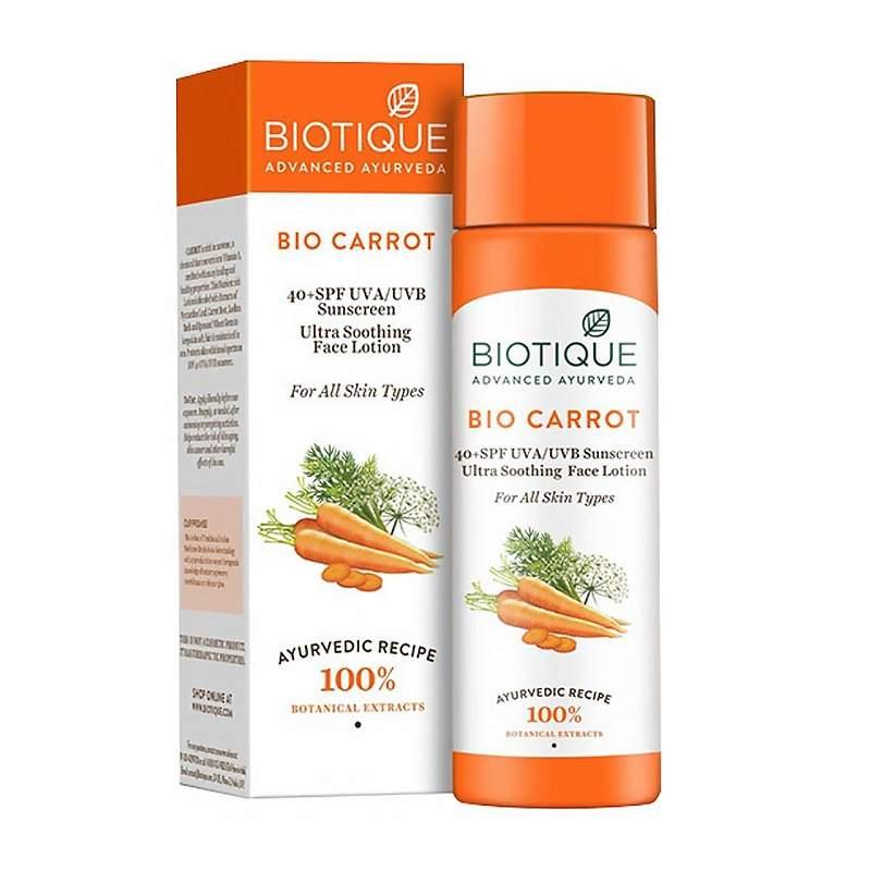 Лосьон с морковью для лица и тела солнцезащитный 40+SPF Biotique, 120 мл