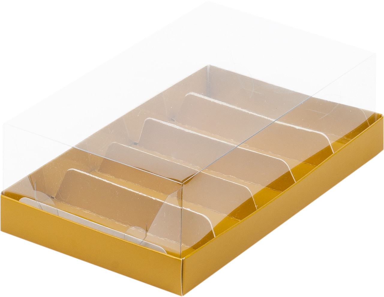 Коробка для эклеров и эскимо с прозрачным куполом, Золотая матовая, 220х135х h70 мм (5 ложементов) - фото 1 - id-p164029939