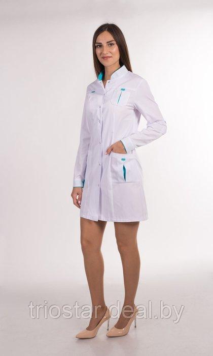 Халат медицинский женский М131 белый с бирюзовой отделкой - фото 1 - id-p164046516