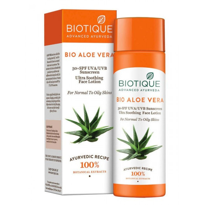 Лосьон с алоэ вера для лица и тела солнцезащитный SPF30+ Biotique, 120 мл