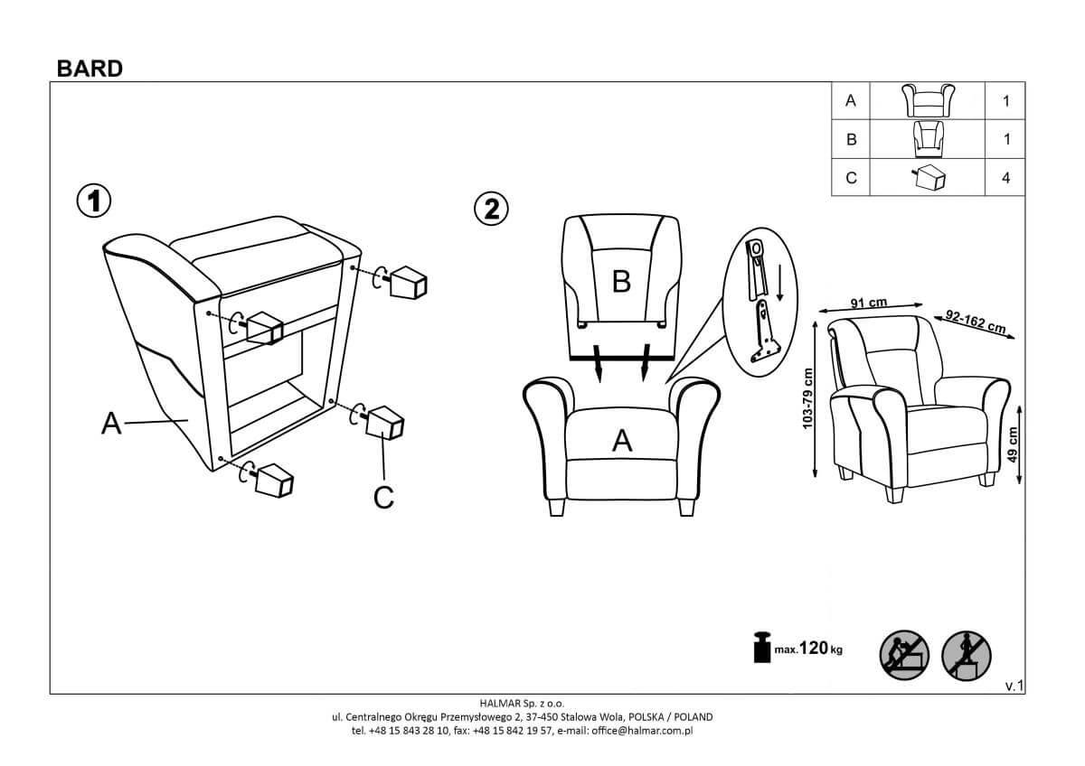 Кресло раскладное Halmar BARD (серый) - фото 2 - id-p164278120