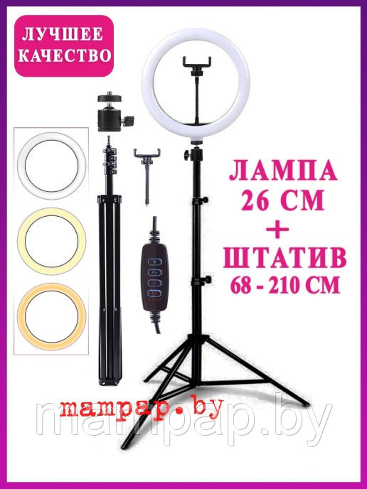 Кольцевая LED лампа 26 см + ШТАТИВ 2,1 метра + держатель для телефона - фото 1 - id-p164287988