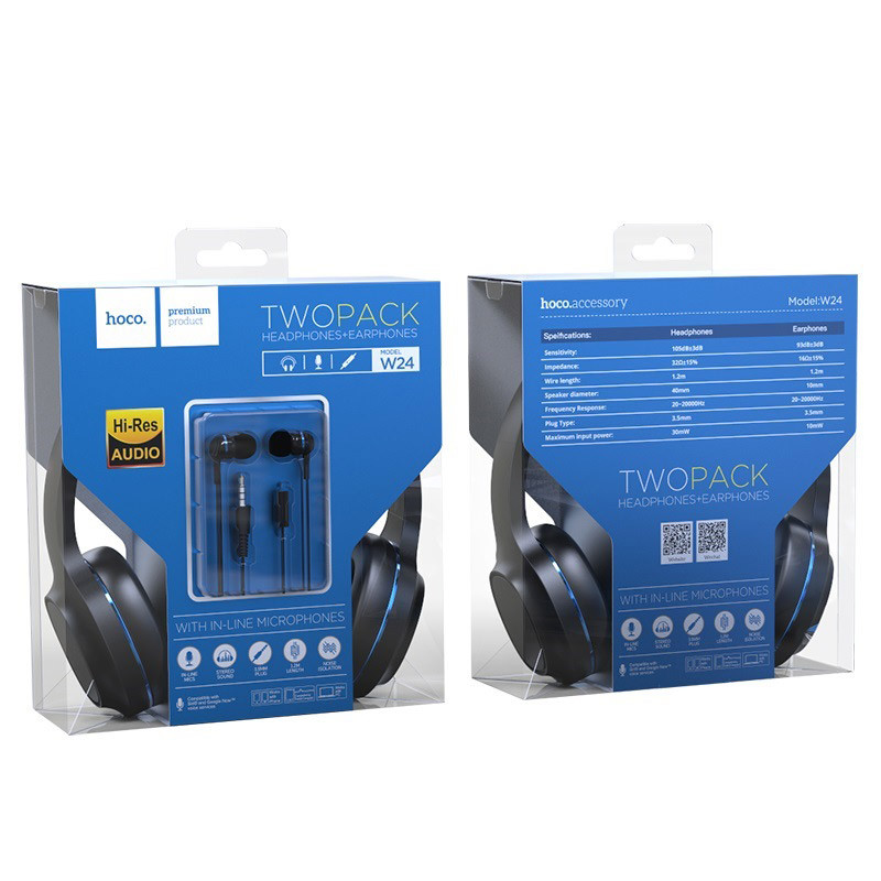 Наушники с микрофоном накладные полноразмерные HOCO W24 (1.2м) синий - фото 3 - id-p146006677