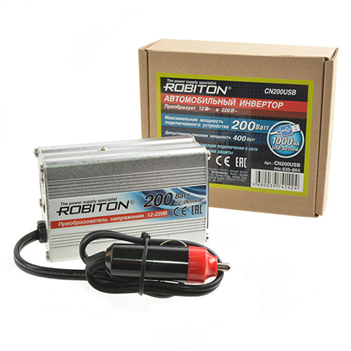 Автомобильный инвертор ROBITON 12V-220V CN200USB 200W с USB выходом - фото 1 - id-p155201649