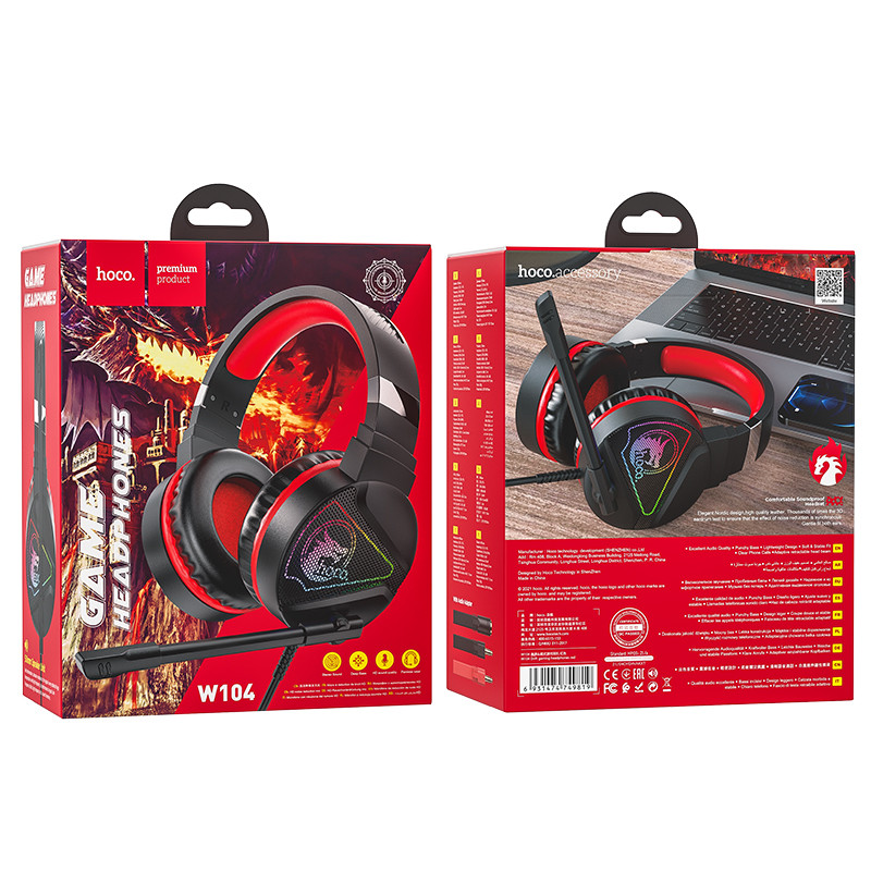 Наушники с микрофоном накладные Игровые HOCO W104 (2м, USB+3,5мм) Красные