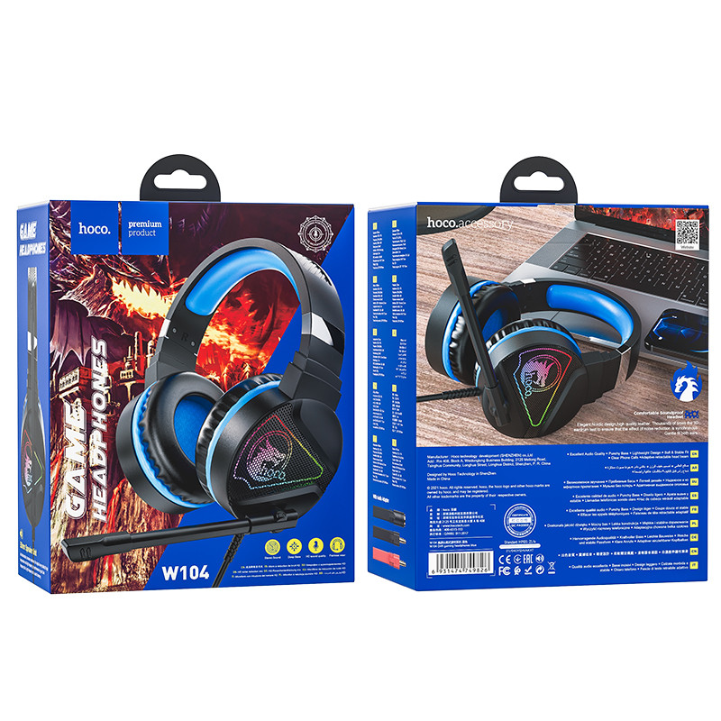 Наушники с микрофоном накладные Игровые HOCO W104 (2м, USB+3,5мм) Синие - фото 4 - id-p160817827