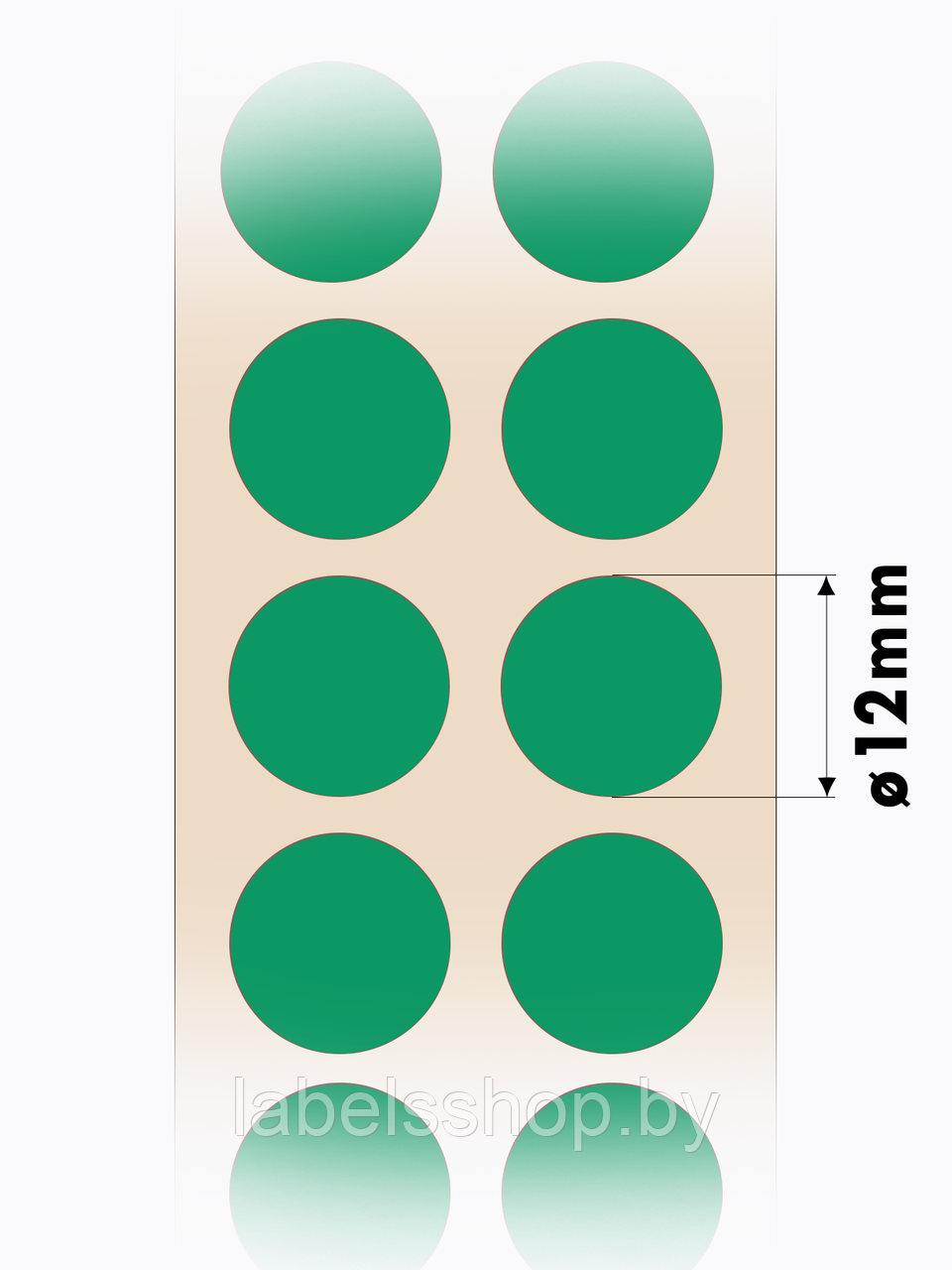 Круглые самоклеящиеся наклейки / этикетки в виде круга (D 12 мм), цвет зеленый, 1000 шт в ролике. - фото 4 - id-p164417080