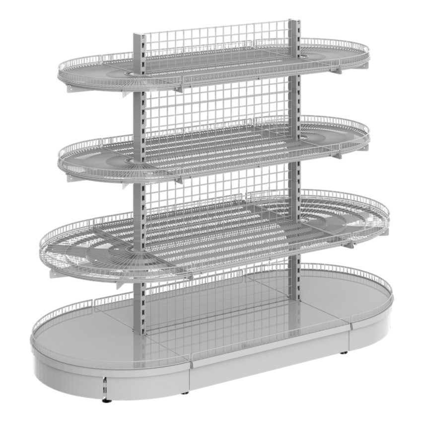 Стеллаж островной с сетчатыми панелями, сетчатыми полками и торцевыми полукруглыми сетчатыми полками Stahler - фото 1 - id-p164473639