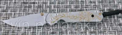 Нож Large Sebenza 21 Unique Graphics Gold Leaf, Stainless Basket Weave Damascus