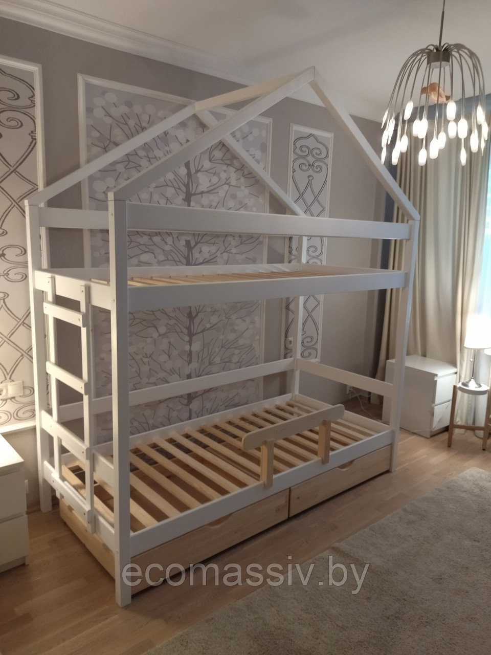 Двухъярусная кровать домик 02 из сосны, с ящиками - фото 1 - id-p157711757
