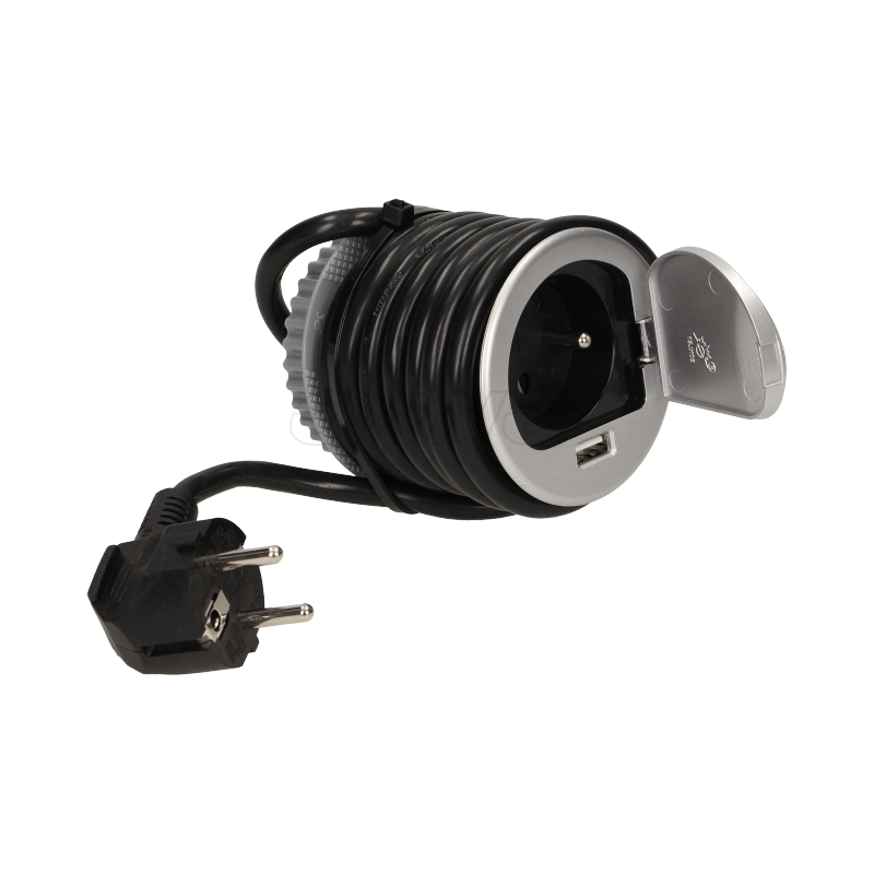 Блок розеточный встраиваемый Orno 2P+E со шторками, USB 2,4A, кабель 1,9m, 3680Вт, пластик, алюминий - фото 1 - id-p164550258