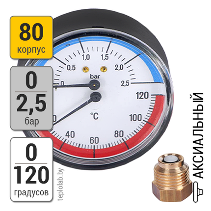 Watts FR 818 (TMRP) 80/2,5, 1/2" термоманометр аксиальный, фото 2