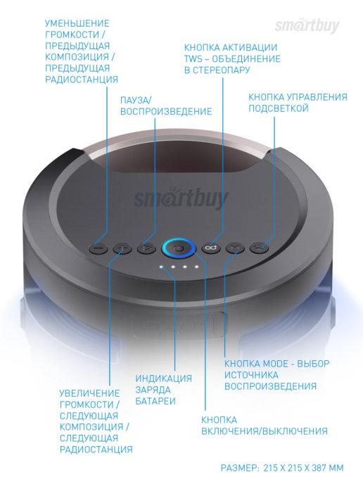 Портативная колонка Smartbuy Z1 74W (Bluetooth, USB, AUX, FM-радио, караоке, аккумулятор 4400 mAh, подсветка) - фото 8 - id-p164656747