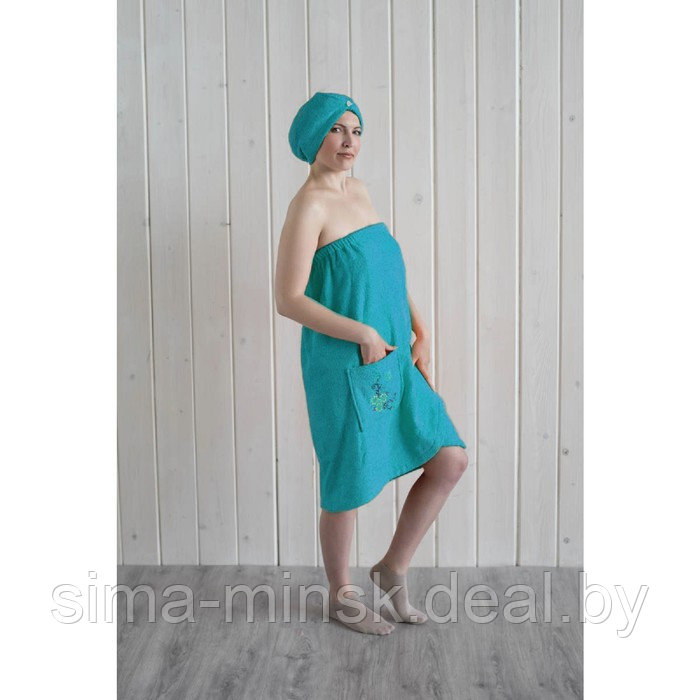 Набор женский для сауны (парео+чалма) с вышивкой, бирюза - фото 1 - id-p164789720