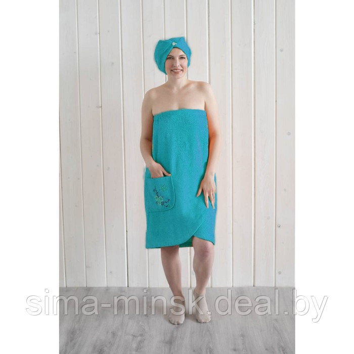 Набор женский для сауны (парео+чалма) с вышивкой, бирюза - фото 2 - id-p164789720