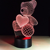 3 D Creative Desk Lamp (Настольная лампа голограмма 3Д, ночник) "МИШКА С СЕРДЕЧКОМ"