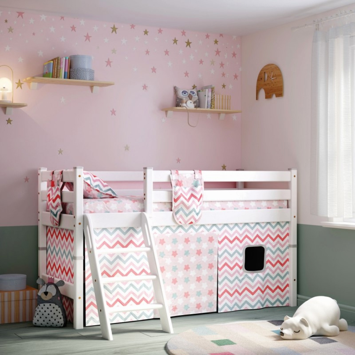 Детская (подростковая) низкая кровать (кровать-чердак) Соня с наклонной лестницей (белая)