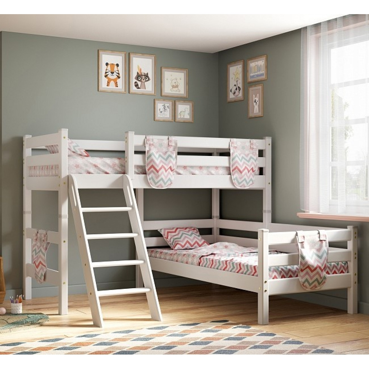 Детская (подростковая) угловая кровать (кровать-чердак) Соня с наклонной лестницей (белая)
