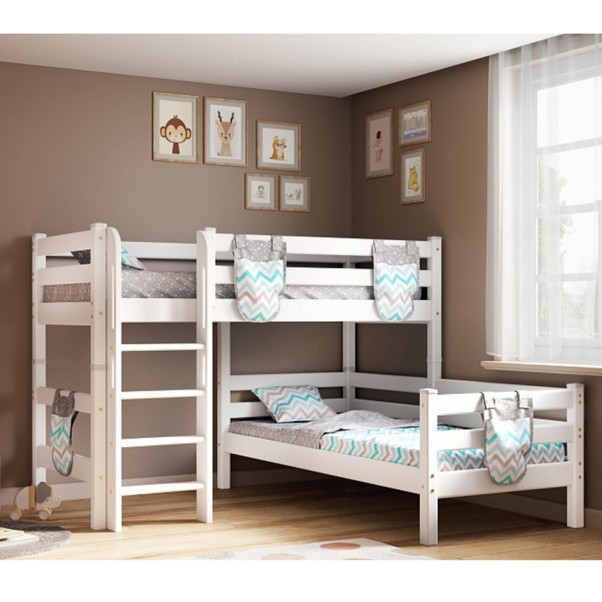 Детская (подростковая) угловая кровать (кровать-чердак) Соня с прямой лестницей (белая)