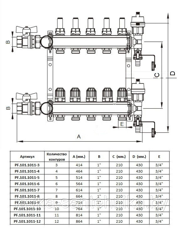 Коллектор латунный на 12 выходов PROFITT PF.101.1011-12 для теплого пола в сборе с расходомерами - фото 4 - id-p164868785