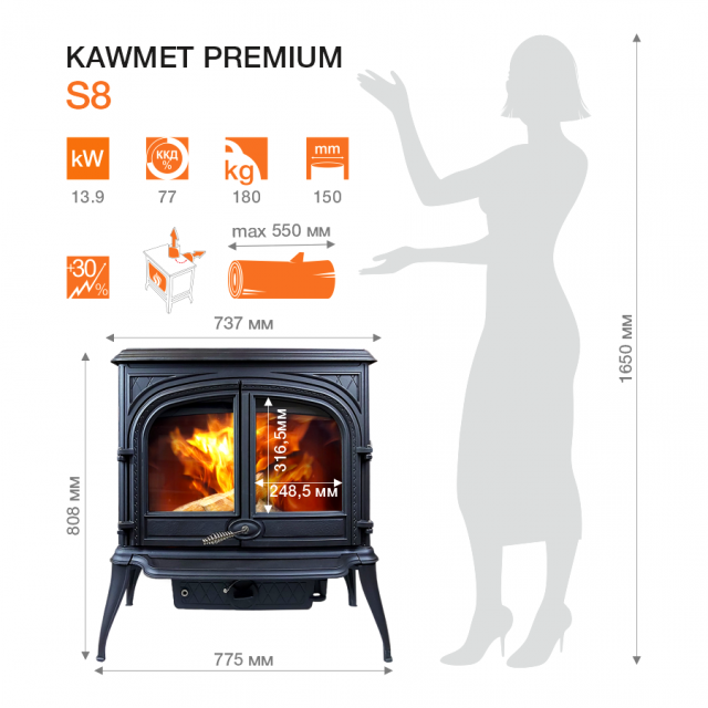 Чугунная печь KAWMET Premium S8 (13,9 кВт) - фото 4 - id-p165061087