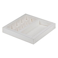 Коробка для 8 конфет + шоколадной плитки Белая с пластиковой крышкой (Россия, 200х200х30 мм + 160х80
