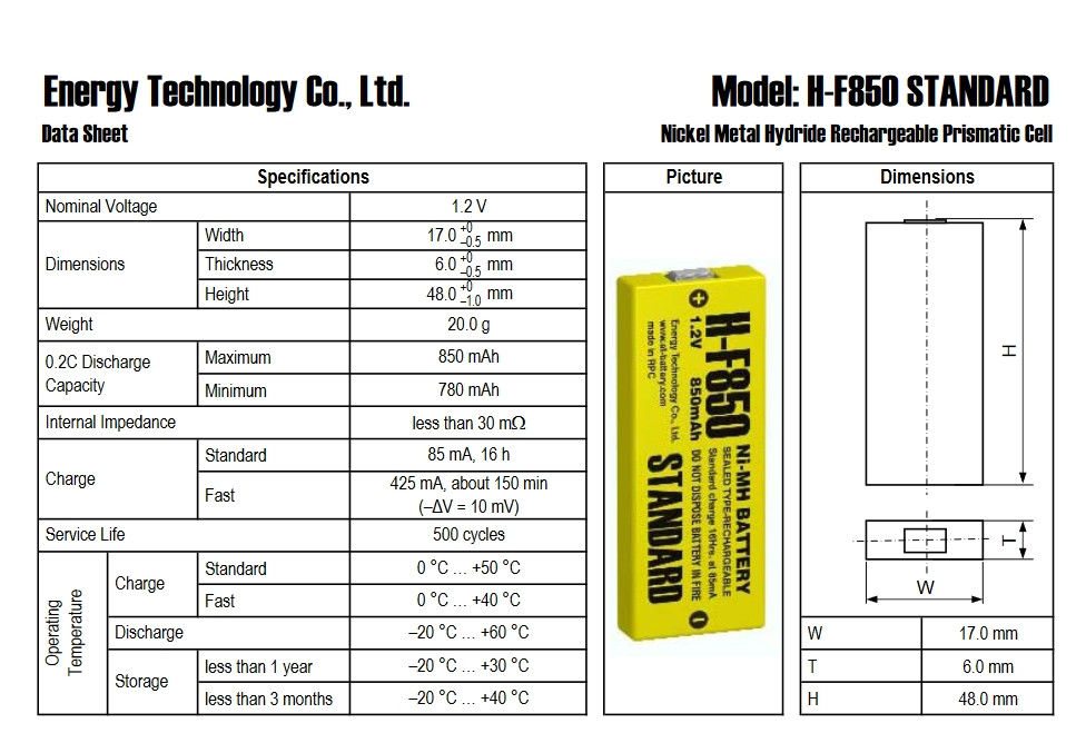 Аккумулятор для плеера H-F850 - ET\STANDARD H-F850 Ni-MH, 1.2V, 850 mAh (6x17x48) - фото 3 - id-p162831364