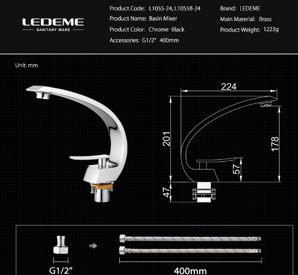 Смеситель черный латунный на умывальник LEDEME L1055В-24 + подарок - фото 6 - id-p165252716