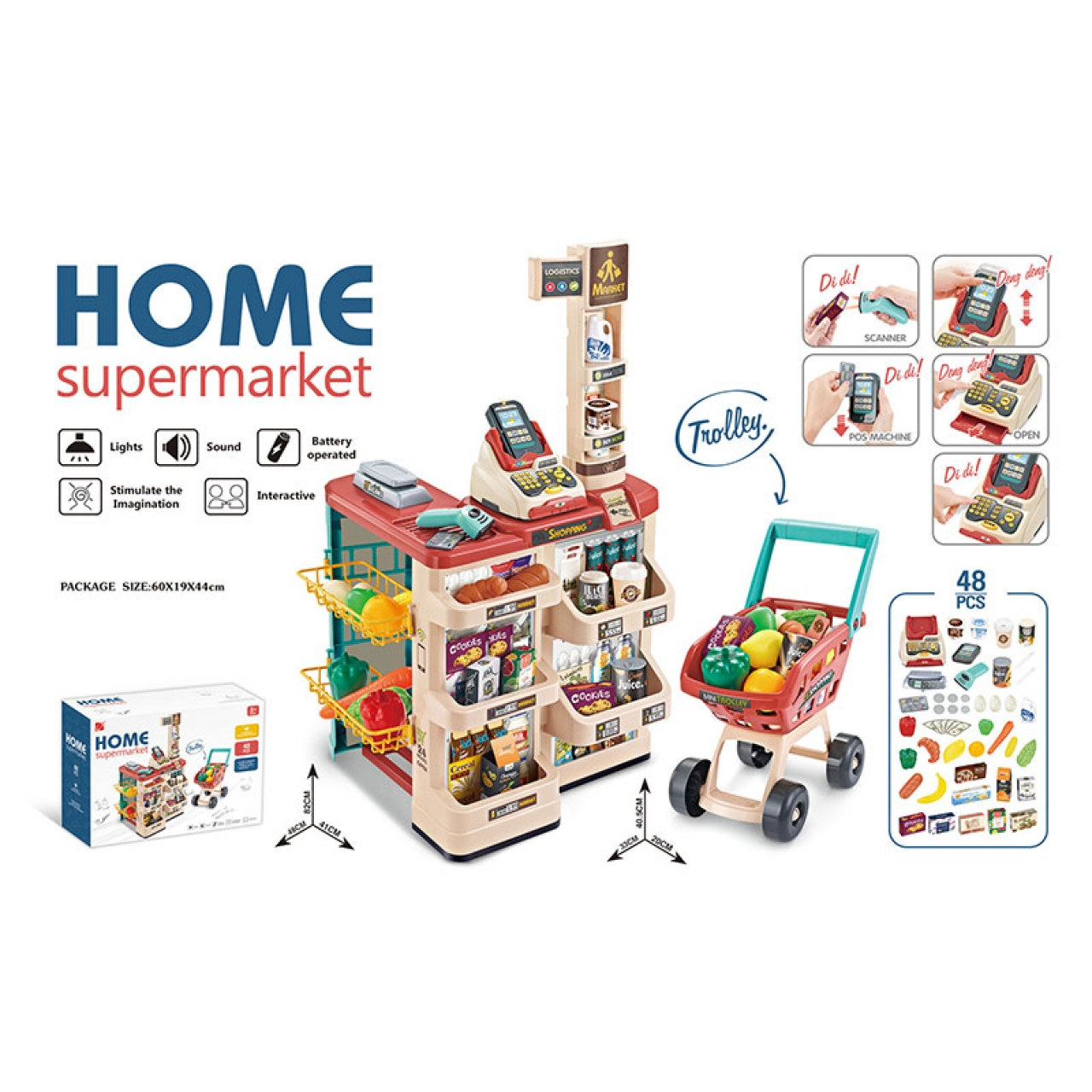 Детский игровой набор "Супермаркет с тележкой" с тележкой" 668-78, свет, звук, (48 предметов), - фото 3 - id-p165307223
