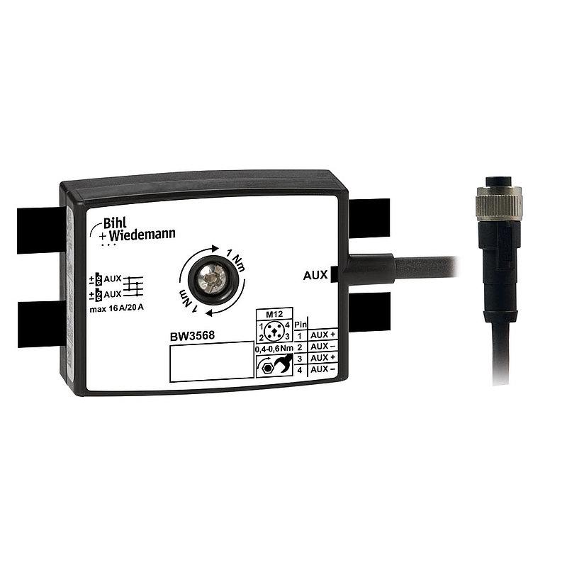Passive Distributor AUX to 1 x M12 power cable plug, straight, T-coded, 4 poles, depth 25 mm, IP67