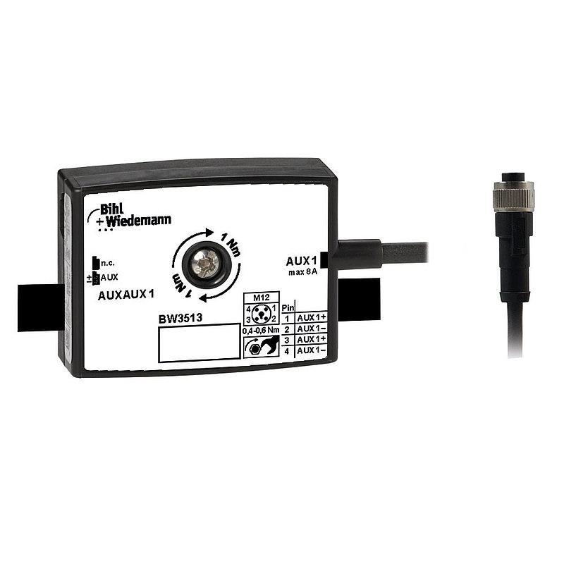 Passive Distributor AUX to 1 x M12 power cable socket, straight, T-coded, 4 poles, depth 19 mm, IP67