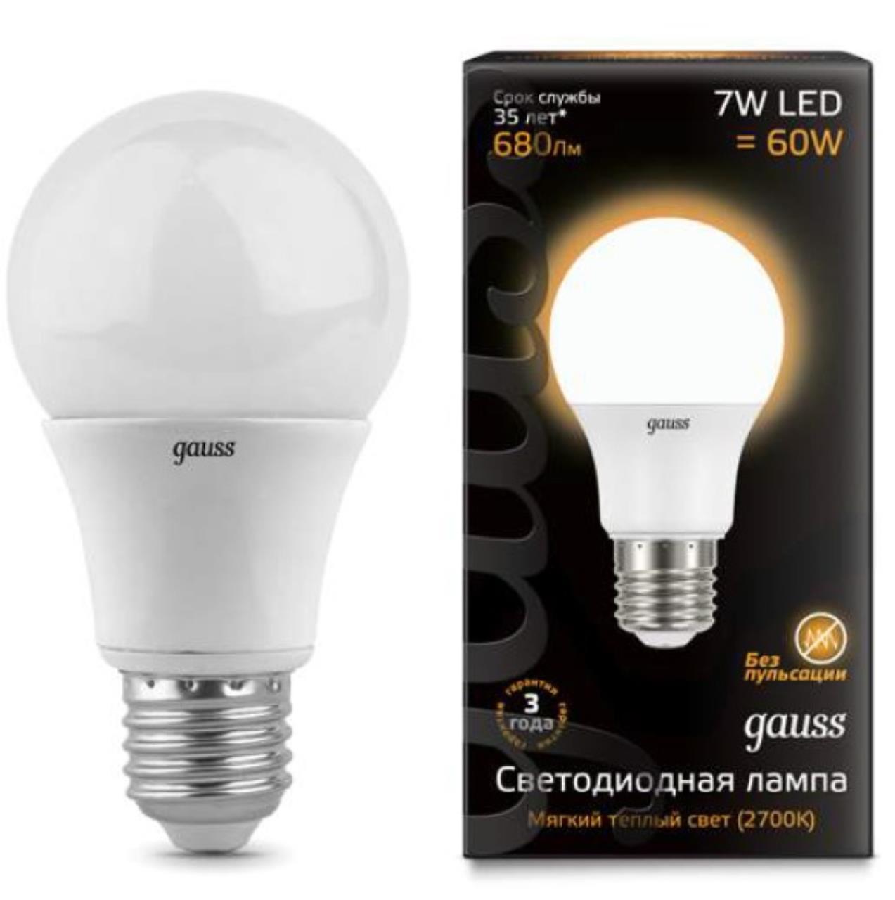 102502107 Лампа Gauss LED A60 E27 7W 680lm 3000K 1/10/50