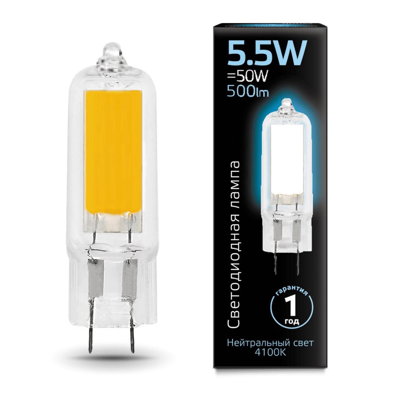 107807205 Лампа Gauss LED G4 AC220-240V 5.5W 500lm 4100K Glass 1/10/200