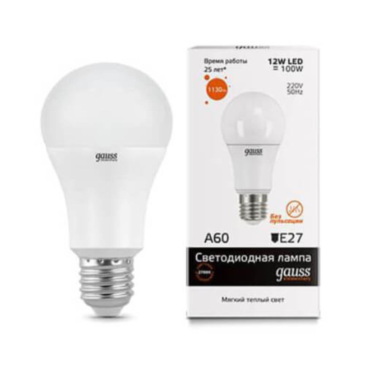 23212 Лампа Gauss LED Elementary A60 12W E27 1130lm 3000K 1/10/50