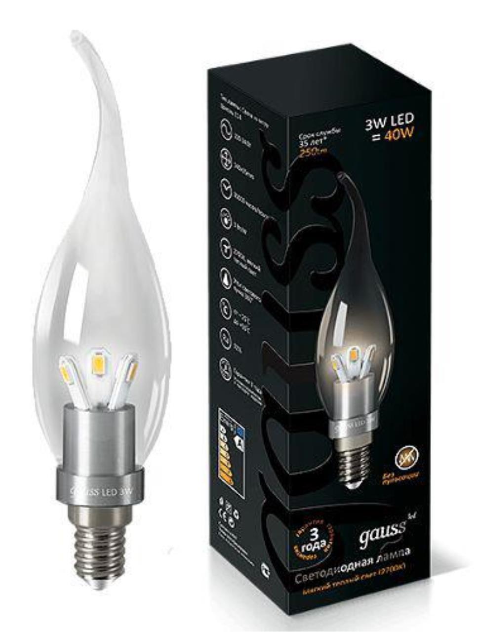 HA104201103 Лампа Gauss LED Candle Tailed Crystal clear 3W E14 2700K 1/10/100