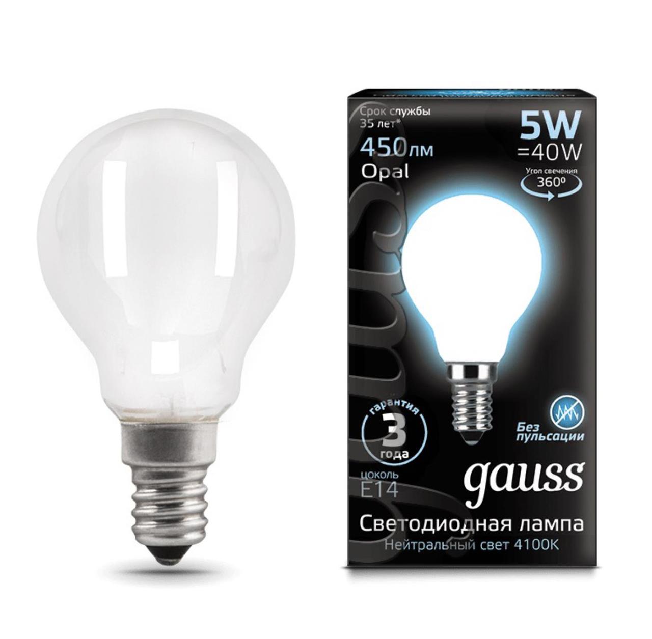 105201205 Лампа Gauss LED Filament Шар OPAL E14 5W 450lm 4100K 1/10/50