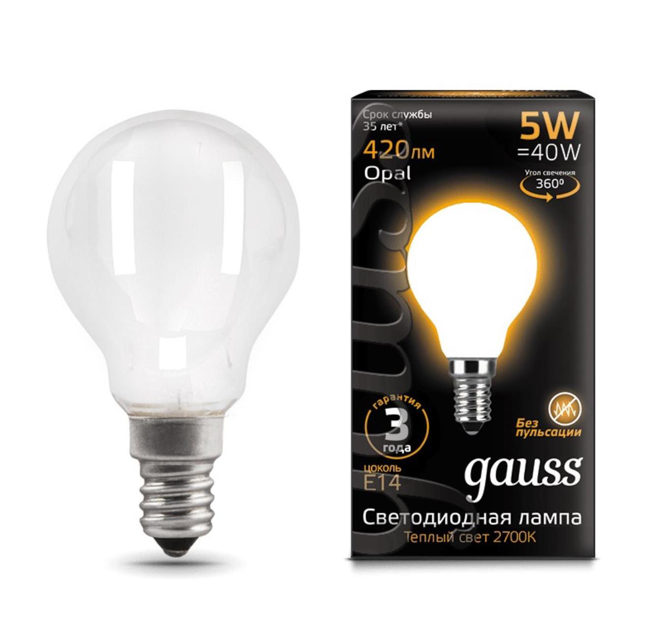 105201105 Лампа Gauss LED Filament Шар OPAL E14 5W 420lm 2700K 1/10/50